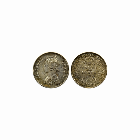 Victoria Queen, Silver, 2 Annas, 1874, Calcutta Mint, A / I (15.28mm), Stains on surface. 