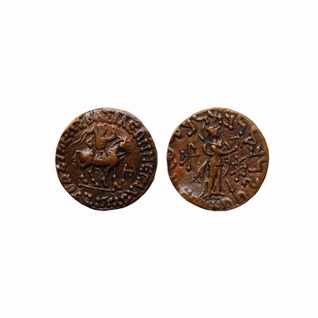 Indo-Scythians, Azes II, Copper Tetradrachm, 7.13gm, Obv: King holding whip, mounted on ho