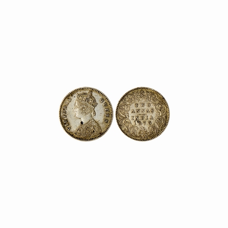 Victoria Queen, Silver, 2 Annas, 1875, Calcutta Mint, A / I (15.28mm), mud deposit. F.Prid