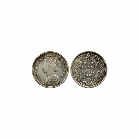 Victoria Empress, Silver, 2 Annas, 1881, Calcutta Mint, B / II, C incuse at bottom. Ghost 