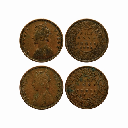 Victoria Queen, Copper, Half Anna (2 Coins), 1876, Calcutta Mint, (Bust B), 1877 Bombay Mi