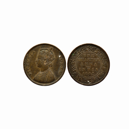 Victoria Queen, Copper, Quarter Anna, 1862, Bombay Mint, Bust A / I, bead below date. F.Pr