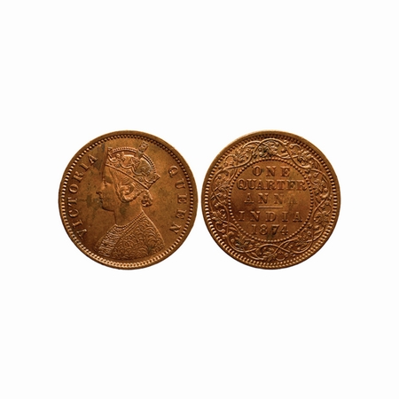 Victoria Queen, Copper, Quarter Anna, 1874, Calcutta Mint, Reverse II. Planchet Flaw. F.Pr