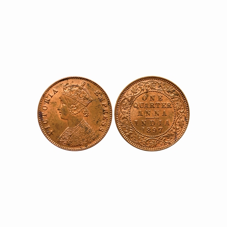 Victoria Empress, Copper, Quarter Anna, 1897, Calcutta Mint, Reverse II. F.Prid. 630. Unci