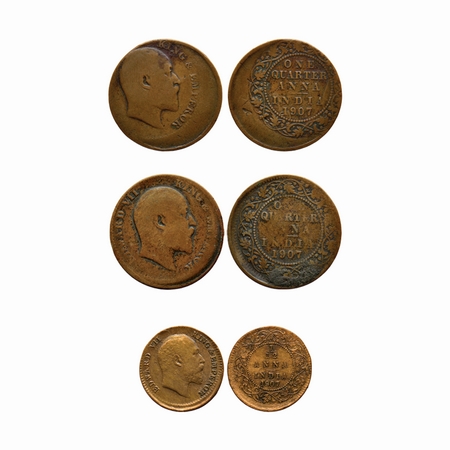 Edward VII, Copper (3 Coins), Quarter Anna, 1904, Error, obverse & reverse die shifted off