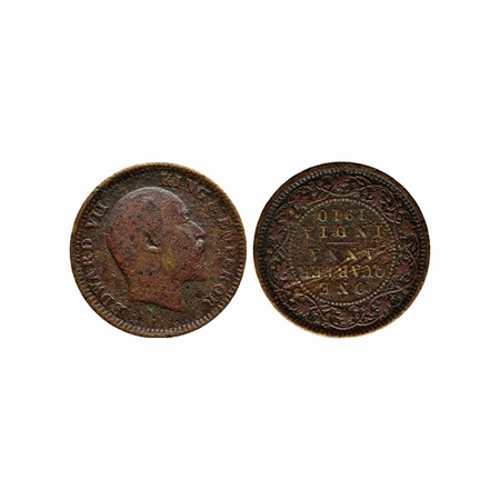 Edward VII, Copper Quarter Anna, 1910, Calcutta Mint, Error, reverse die rotated to 6 o'cl