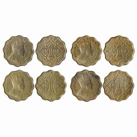 Edward VII, Cupro -Nickle, Anna (4 Coins), 1907, 1908, 1909, 1910, Bombay Mint, B incuse i