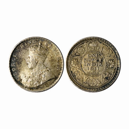 George V, Silver, Rupee, 1911, Calcutta Mint. Pig Elephant type on the collar of the Most 