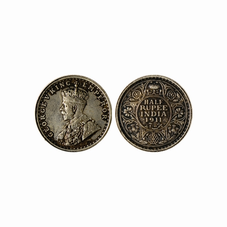 George V, Silver, ½ Rupee, 1911, Calcutta Mint. Pig/Elephant type with a bit long curved t