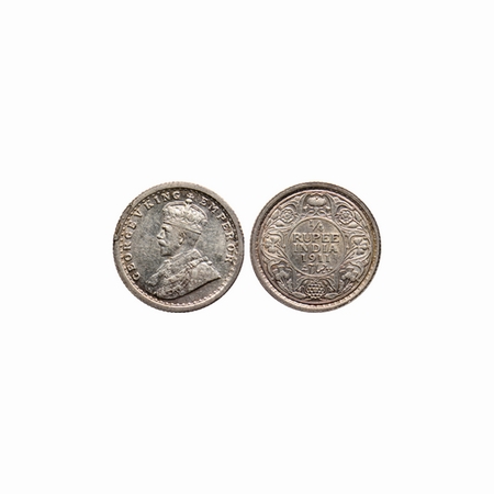 George V, Silver, ¼ Rupee, 1911, Calcutta Mint. Pig elephant type on the collar of the Mos