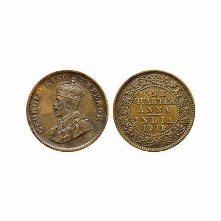 George V, Copper, Quarter Anna, 1911, Calcutta Mint. Pig elephant type on the collar of th
