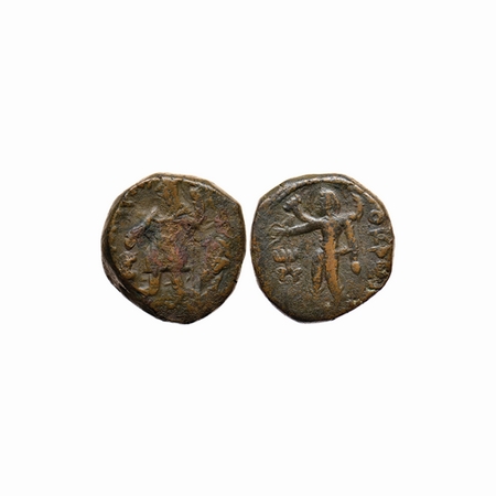 Kushanas, Kanishka, Copper Unit, 17.48gm, Obv: King standing facing to left, holding tride