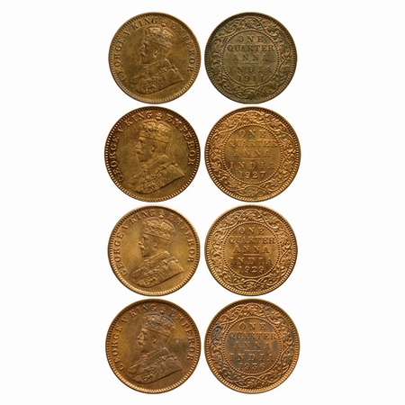 George V, Copper, Quarter Anna (4 Coins), 1914, 1929, 1936, Calcutta Mint, 1927 Bombay Min