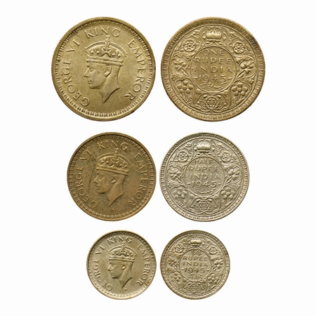 George VI, Half Silver, Rupee, ½, ¼ (3 Coins), 1945, Lahore Mint with L mint mark at botto
