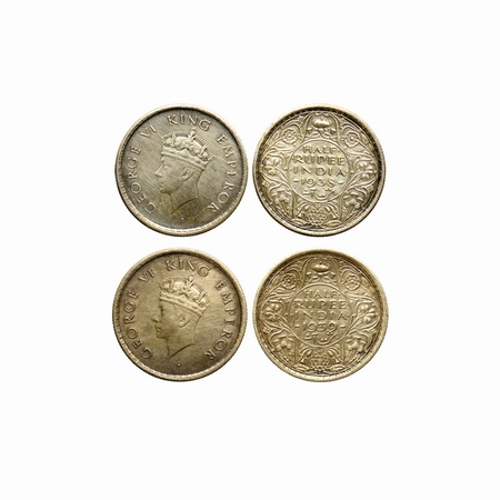 George VI, Silver, ½ Rupee (2 Coins), 1938 / 1939, Bombay Mint, Type T / I. F.Prid. 351, 3