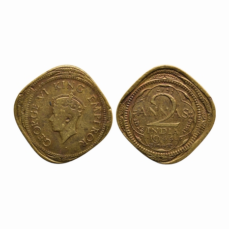 George VI, Nickel-Brass, 2 Annas, 1944, Bombay Mint, Type T / II, Error, obverse & reverse