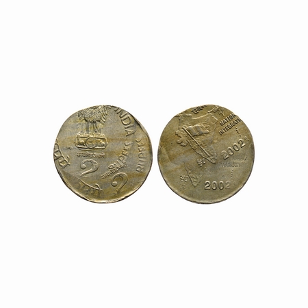 2 Rupees, 2002, 6.06gm, Cupro Nickle, Error, Double struck on both sides showing little el