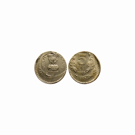 5 Rupees, 1995, 9.24gm, Cupro Nickle, Error, Double struck on both sides showing little el
