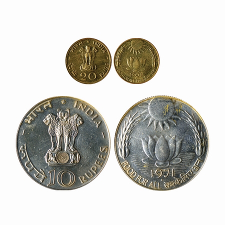 1971, Unc FAO Set , Food For All, set of 2 coins, 10 Rupees & 20 Paisa, Bombay Mint. Witho