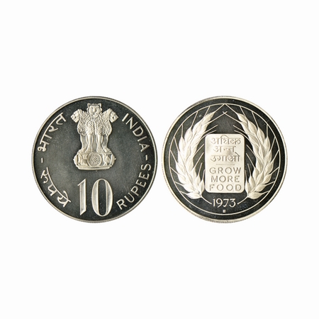 1973, Proof, 10 Rupees, 35.10gm, 50% Silver, Proof loose single coin, Grow More Food, Bomb