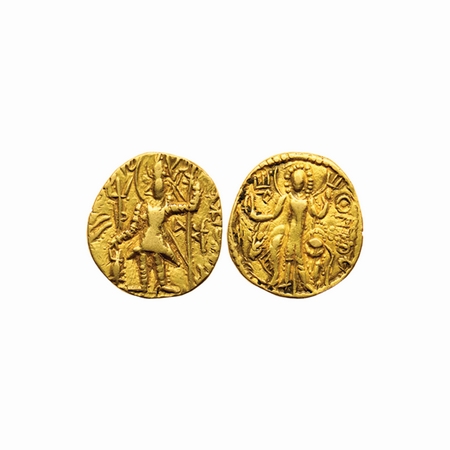 Later Kushana, Vasishka (247-267 AD), Gold Dinar, 7.75gm, Obv: King nimbate standing left,
