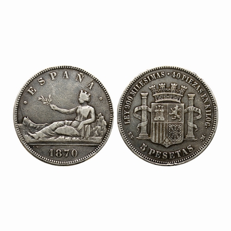 Spain, Silver 5 Pesetas, 24.51gm (0.900 silver), 1870, (SN-M), Obv: Queen leaning facing l