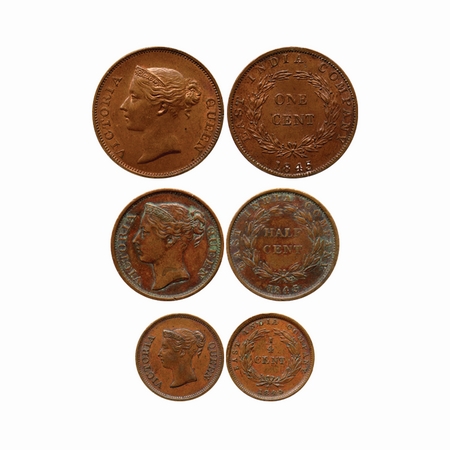 Straits Settelment, Copper Set of 3 Coins, 1, 1/2, 1/4 Cent, 1845, Ruler Victoria Queen, O