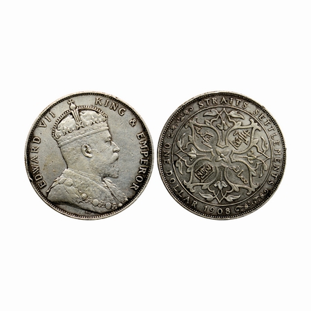 Straits Settelment, Silver Dollar, 20.10gm, 1908, Ruler Edward VII, Obv: Crowned Bust to r