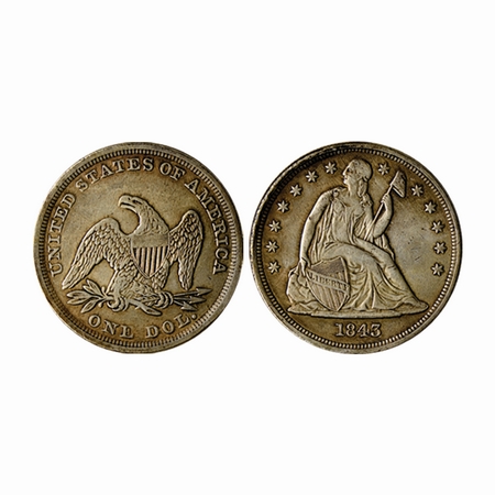 USA, Silver 1 Dollar, 25.66gm (90% silver), 1843 AD, Seated Liberty Obv: Seated liberty wi