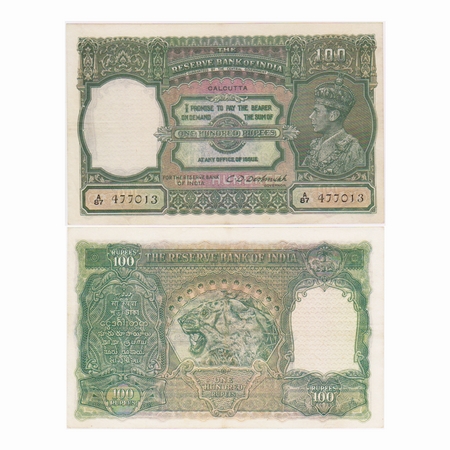 British India, George VI, 100 Rupees, (1938). Signed by C.D Deshmukh, black Serial No A87 