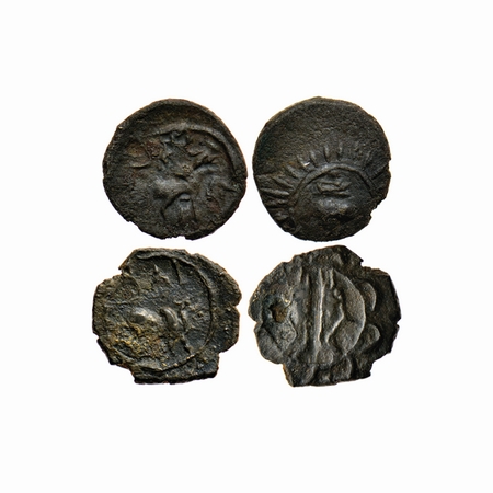 Pallavas of Kanchipuram, Copper Base Alloy (2 Coins), 1.46gm/1.43gm, Obv: Bull walking to 