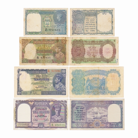 British India, George VI, (4 Notes) 10 Rupees (1938) J B Taylor, Serial No C30 507284, 10 