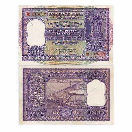 Republic of India, 100 Rupees, Signed by H.V.R Iyengar, Red Serial No AA80 013672, Fold an