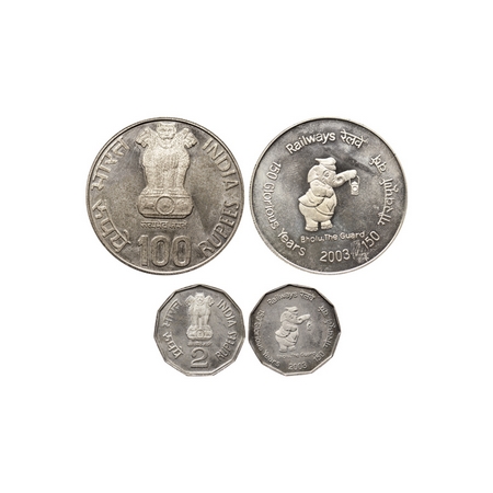 2003, Proof Coin Set, 100 & 2 Rupees, Silver & Cupro Nickle, 150 Glorious Years Railways, 