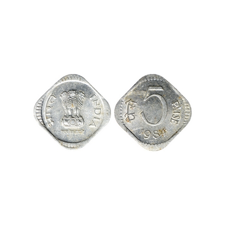 5 Paise, 1984, Aluminium, 1.48gm, Calcutta Mint, with Satyamev Jayate below Ashoka Pillar.