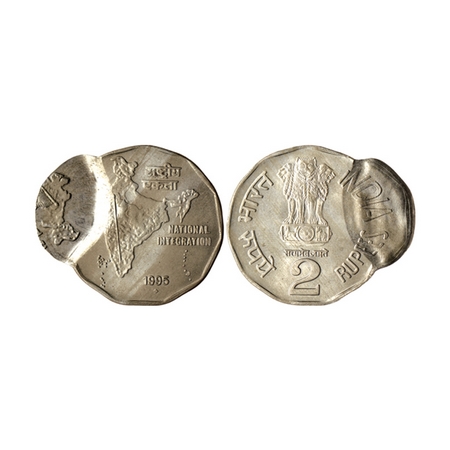2 Rupees, 1995, Copper-Nickle, 5.81gm, Error, Double struck on obverse with elongated plan
