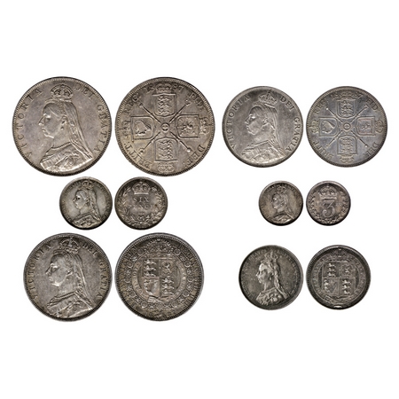 Great Britain, Silver, (6 Coins) Double Florin, Florin, 6 Pense, 3 Pense, Half Crown and S