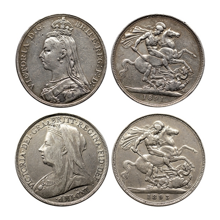 Great Britain, Silver Crown (2 Coins), 28.08gm, 1891 and 1893, Obv: Victoria portrait faci