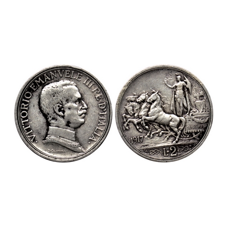 Italy, Silver 2 Lire, (0.8350 silver), 9.97gm, 1917 R, Ruler Vittorio Emanuela III, Obv: N