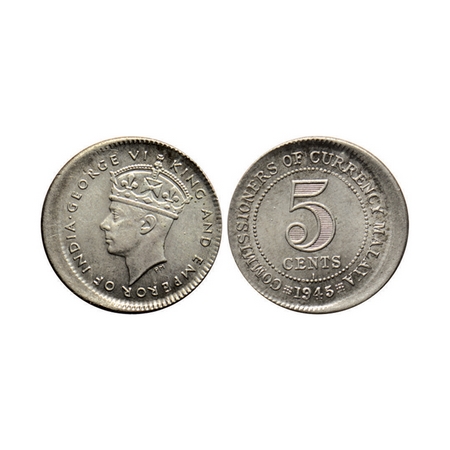 Malaya, Silver 5 Cents, (0.500 Silver), 1.385gm, Georve VI, 1945, error die shift. KM 3a. 