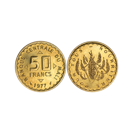Mali, Nickle Brass 50 Francs, 4.00gm, 1977, F.A.O series Obv: Value flanked by triangles, 