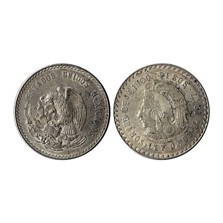Mexico, Silver 5 Pesos (0.900 silver), 29.95gm, 1947, Obv: National Arms eagle left, Rev: 
