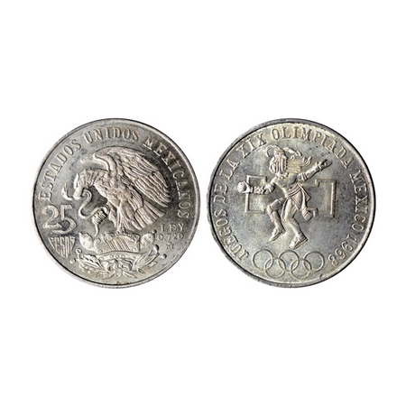 Mexico, Silver 25 Pesos (0.7200 silver), 22.40gm, 1968, Obv: National Arms eagle left, Rev