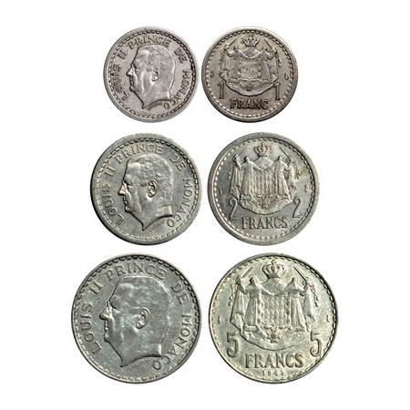 Monaco, Aluminium 1, 2, 5 Francs (3 Coins), 1945 AD, Ruler George V, Obv: Head left, Rev: 