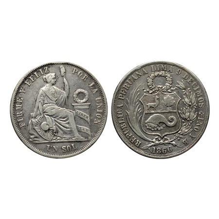 Peru, Silver Un Sol (0.900 silver), 24.58gm, 1866/56 YB, Lima Mint, Obv: Small wreath abov