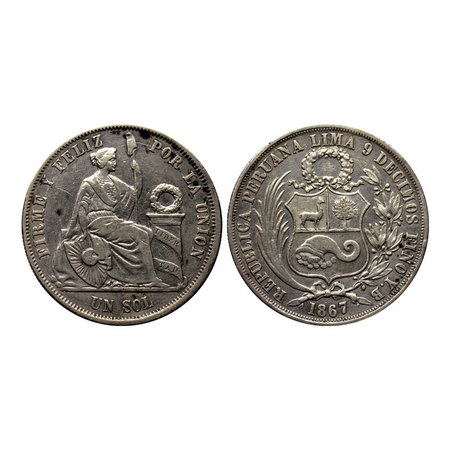 Peru, Silver Un Sol (0.900 silver), 24.79gm, 1867/57 YB, Lima Mint, Obv: Small wreath abov