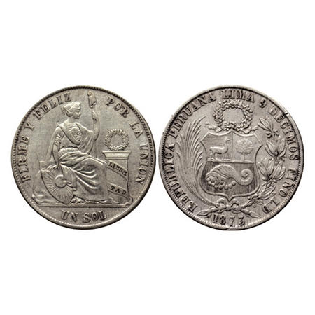 Peru, Silver Un Sol (0.900 silver), 24.79gm, 1869 YB, Lima Mint, Obv: Small wreath above s