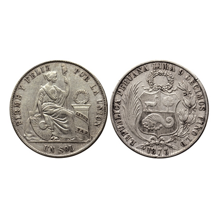 Peru, Silver Un Sol (0.900 silver), 24.82gm, 1873 LD, Lima Mint, Obv: Small wreath above s
