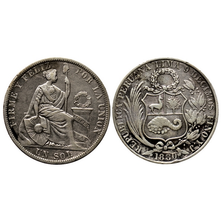 Peru, Silver Un Sol (0.900 silver), 24.66gm, 1880 YJ, Obv: Small wreath above shield has r