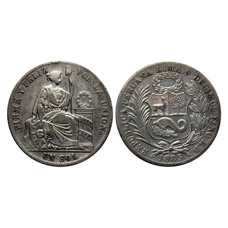 Peru, Silver Un Sol (0.900 silver), 24.49gm, 1885 RD, Obv: Small wreath above shield has r